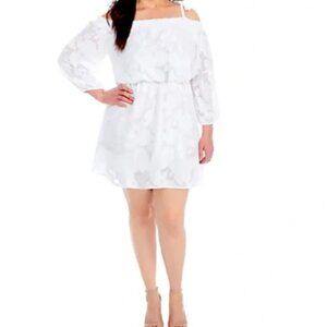 Kaari Blue | White Off-The-Shoulder Textured Floral Pattern Dress